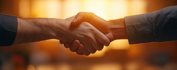 Two hands shaking in agreement, blurred background with warm tones.