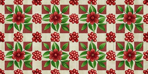 Obraz premium Retro Red Mod Flower Pattern on Checkerboard for Fabric and Wallpaper Design