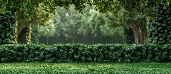 Fototapeta premium Lush green hedge bush foliage creates an ornamental backdrop in a formal garden setting perfect for photos or designs with a copy space image