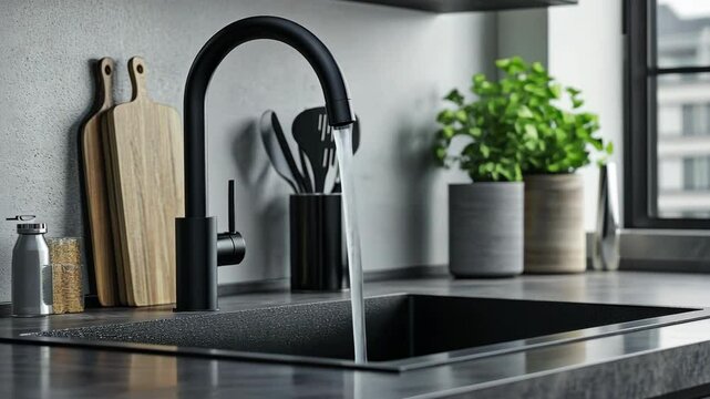 A black kitchen faucet pours water into a modern sink