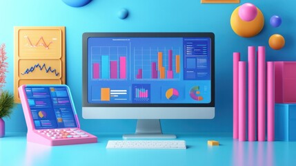 Virtual dashboard in 3D, featuring business analytics and financial growth metrics
