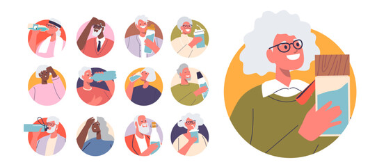 Collection Of Cartoon Avatars Featuring Elderly People Drinking Water From Various Bottles And Cups. Old People Smiling