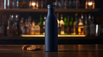 Trendy Matte Navy Thermo Water Bottle in Social Gathering Setting with Craft Beers and Artisanal Snacks on Wooden Bar Counter