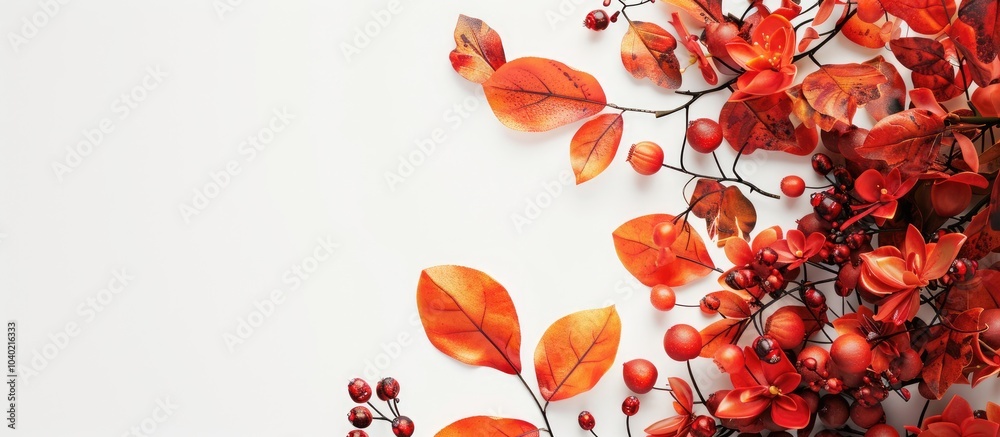 Wall mural autumn themed arrangement on white background with space for text. copy space image. place for addin