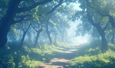 Obraz premium Serene Misty Forest Pathway in Early Morning Light