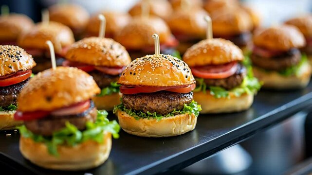 A row of mini burgers with sesame seed buns and lettuce, tomato, and meat patties are arranged on a black tray