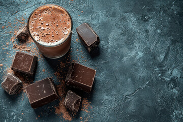 Chocolate protein shake on gray stone. Top view. Copy space