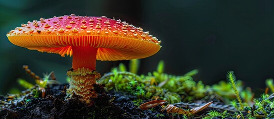 A small vivid red mushroom named the Backlit Ruby Bonnet Cruentomycena viscidocruenta discovered on the forest ground in Auckland with a beautifully illuminated background for a copy space image