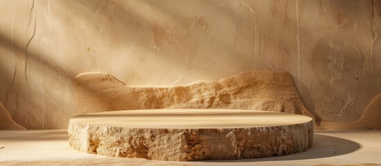 Sand surface with a podium made of wood and stone ideal for displaying beauty products with a background of copy space image