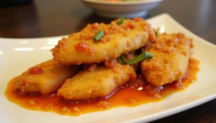  Deliciously golden fried food with vibrant sauce