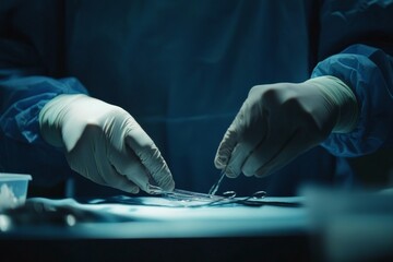 A pair of gloved hands skillfully manipulating surgical instruments under bright lights, highlighting the precision and care required during medical procedures.