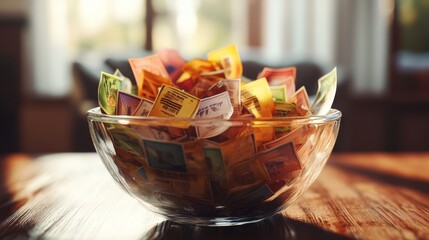 Hand Reaching into Bowl of Raffle Tickets with Wooden Table in Background Creating a Gambling Concept