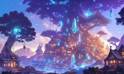 Obraz premium Enchanted Village with Glowing Crystals and Majestic Tree