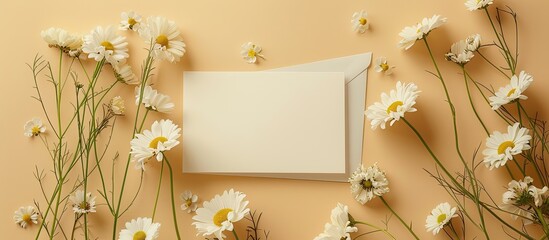 Mockup of a greeting card with a blank space an envelope and floral embellishments on a beige or orange pastel background The design includes white chamomile flowers for a summer holiday theme and sp
