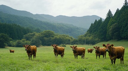 Naklejka premium Wagyu beef farm with cattle, focusing on the natural environment
