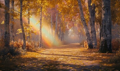 Fototapeta premium Autumn Forest Path with Sunlit Rainbow