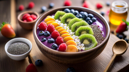 A close up of a vibrant acai bowl topped with fresh berries, kiwi slices, chia seeds, and edible flowers, set on a rustic wooden table with a spoon drizzled in honey beside it, bathed in soft morning