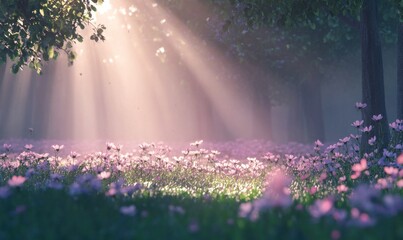 Obraz premium Sunlit Forest Glade with Blooming Wildflowers