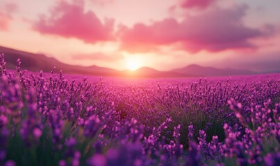 Fototapeta premium Lavender Field at Sunrise with Mountains and Clouds