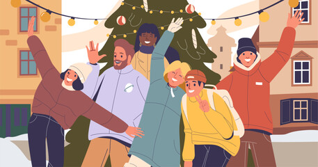 Group Of Friends Celebrate Winter Season With Joyful Expressions In Vibrant Outdoor Setting. They Stand Together