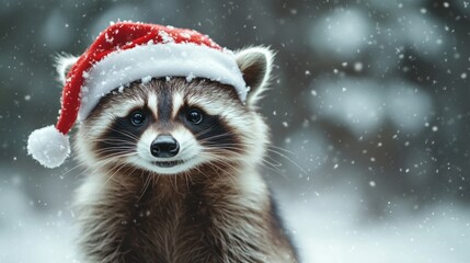 Fototapeta premium A raccoon wearing a Santa hat is smiling