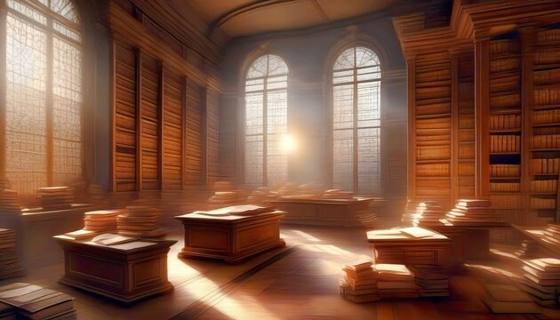Old library interior with wooden bookshelves and sunlight streaming through windows