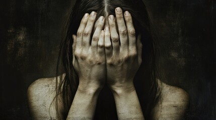 Obraz premium Woman struggling with depression, covering her face with her hands