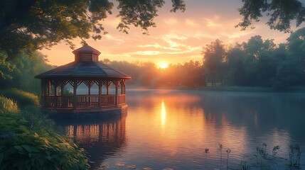 Fototapeta premium A wooden gazebo sits on a tranquil lake at sunrise, surrounded by lush greenery. The golden light of dawn illuminates the misty air, creating a serene and peaceful atmosphere.