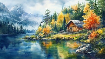 Fototapeta premium Watercolor Painting of Tropical Landscape with Palm Trees and Clear Water