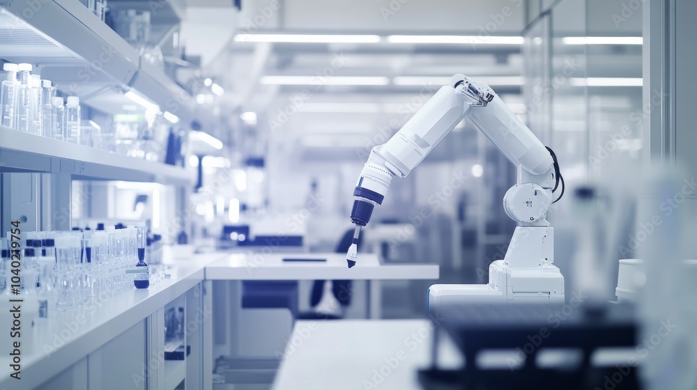 Aufkleber A robot performing automated quality checks in a modern biotechnology lab with clean, organized testing stations and advanced quality control systems, Biotechnology tech style