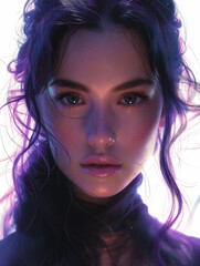 High-fashion portrait of a woman with intense eyes, glowing purple lighting, and a cinematic feel.