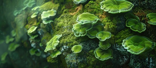 Green fungi algae adorning a rock wall perfect for using as a background or wallpaper in images with copy space