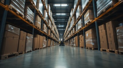 Fototapeta premium A modern warehouse interior with tall shelves stacked with organized boxes, forklifts in motion, and clear copy space along the aisle for design or text elements