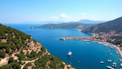 Tranquil harbor nestled between verdant cliffs and azure sea