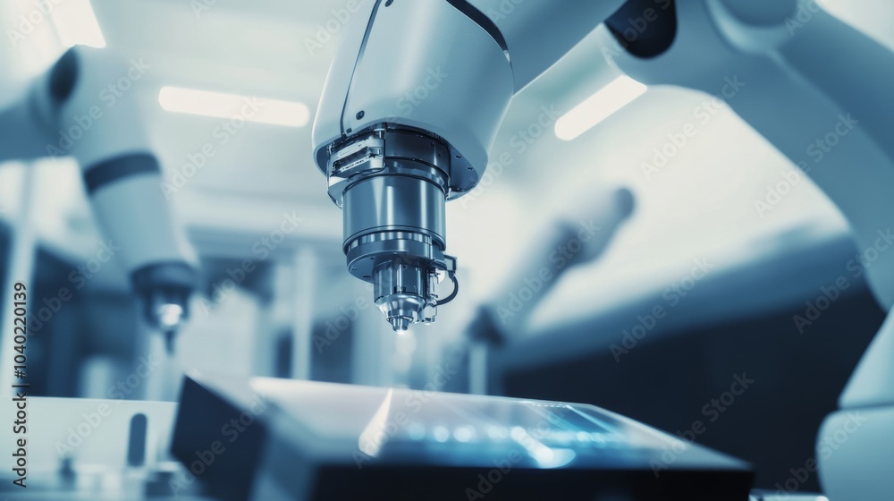 Poster A robot performing automated quality checks on luxury consumer electronics in a high-tech production facility, clean and precise environment, Electronics-quality-tech style
