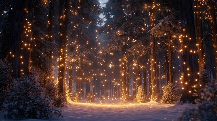 Naklejka premium Enchanted Snow-Covered Trees Illuminated by Golden Lights at Night