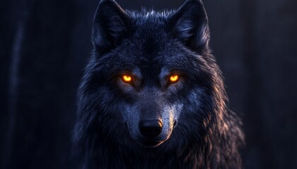 Mystic Wolf in Dark Background with Glowing Eyes Eerie Atmosphere