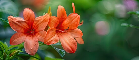 Obraz premium Flower of Seemannia sylvatica showcasing vibrant reddish orange hues against a garden backdrop perfect for a copy space image