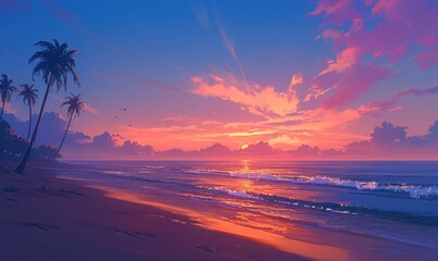 Tropical Beach Sunset with Vibrant Clouds and Palm Trees