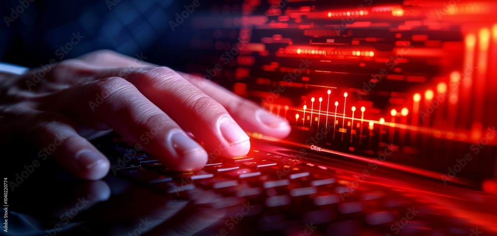 Aufkleber A close-up of a hand typing on a laptop keyboard with red digital graphics in the background, symbolizing technology and data analysis.