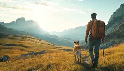 A Man a Dog Hiking in Beautiful Mountain Landscape under Blue Sky