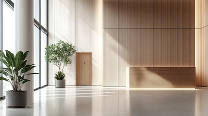 Contemporary office building lobby with sleek design and room for branding or text