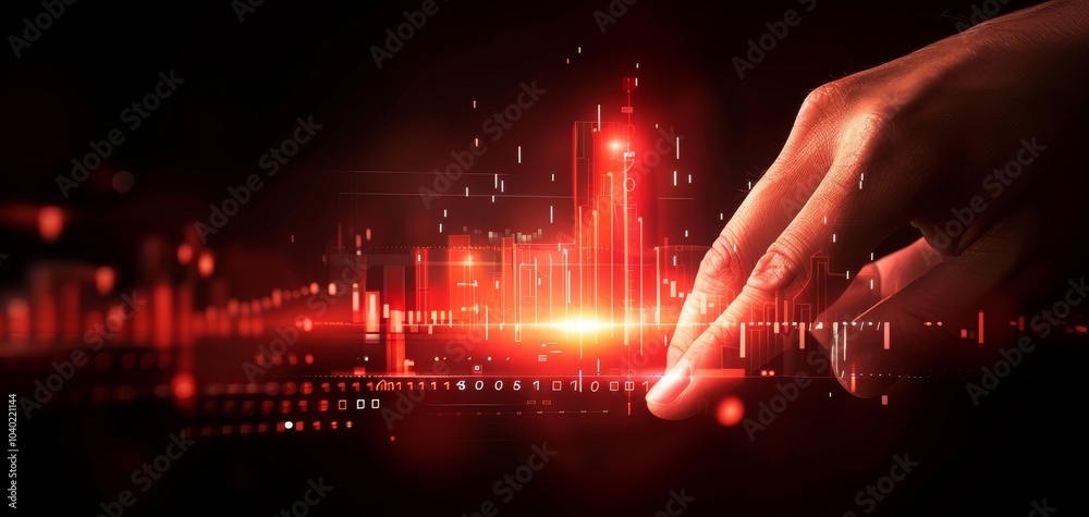 Poster a hand interacts with digital data visualizations, showcasing the fusion of technology and human tou