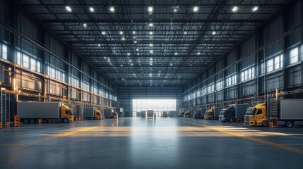 A loading dock in a warehouse with trucks being loaded, workers coordinating operations, and an empty section of the sky and floor available for copy space