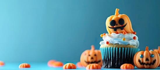 Fototapeta premium Halloween themed cupcake with pumpkin ghost and eyes on a blue backdrop featuring copy space image
