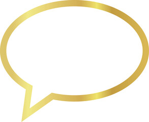 3x2 aspect ratio gold metallic speech bubble with oval shape. Blank outline message bubble with sharp, downward-pointing triangular tail on the left on transparent background.