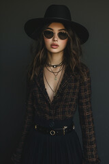 A striking portrait of a model wearing a black lace dress and round sunglasses, exuding confidence and mystery in an elegant setting.