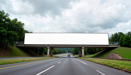 Naklejka premium Large empty street banner mockup PSD on overpass above highway with copy space for advertising