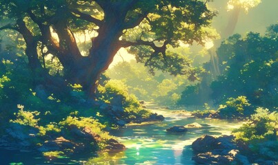 Fototapeta premium Serene Forest Stream with Sunlit Foliage