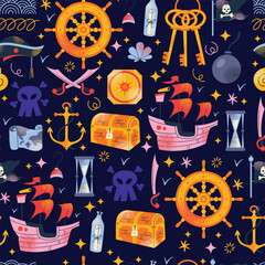 Pirate adventure seamless pattern elements in flat graphic design. Bundle objects of ship, sword, compass, captain hats, map, treasure chest, bottle, skulls, anchor. Vector illustration background